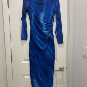 Elegant Blue Ruched Long Sleeve Bodycon Dress